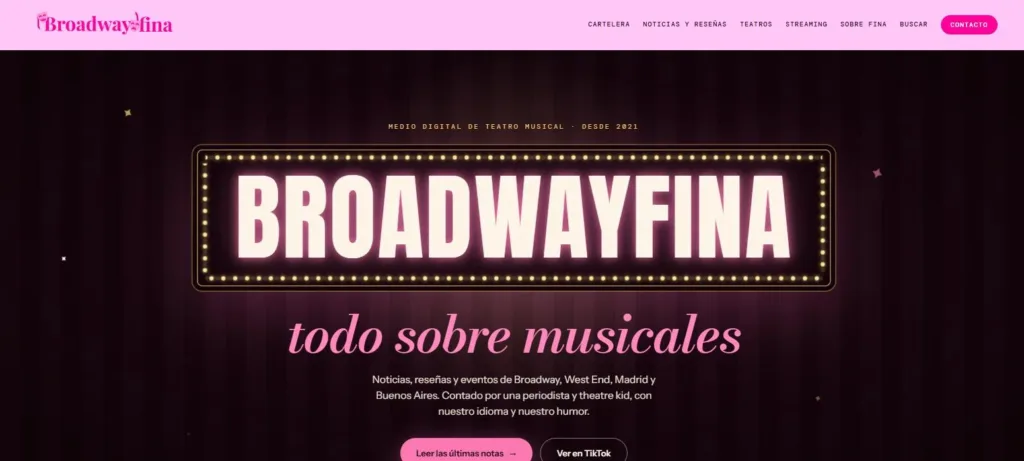 Broadwayfina home page with the marquee-style hero designed and built by North Blue Agency