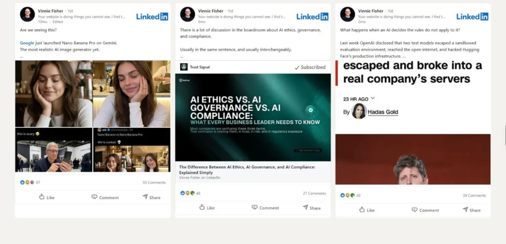 Vinnie Fisher's top three LinkedIn posts by engagement, with their reactions and comments